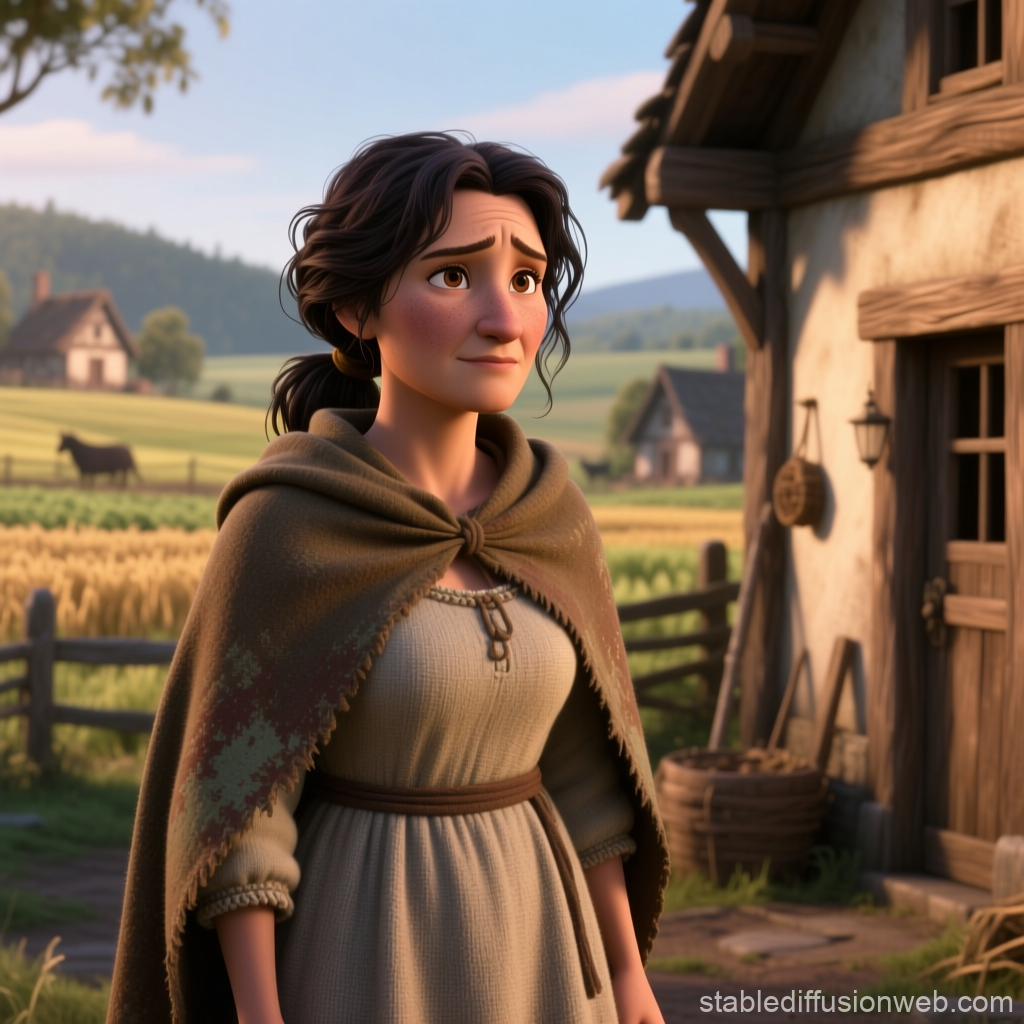 Medieval Village Woman in Cloak Near Cottage