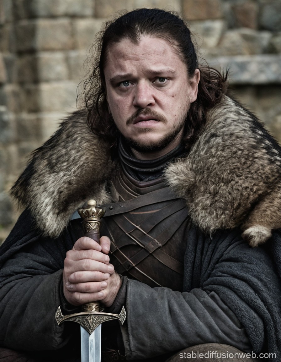 Medieval Warrior Holding Sword with Fur Cloak