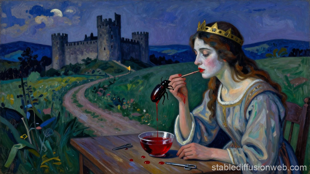 Medieval Woman Applying Lip Color with a Dark Twist