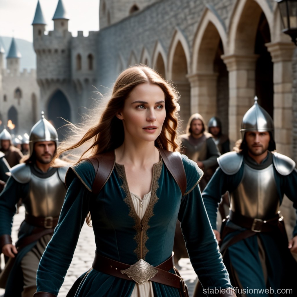 Medieval Woman Leading Guards Through Castle Courtyard