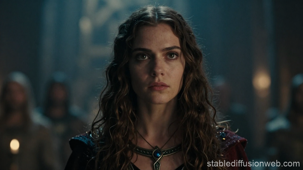 Medieval Woman with Intense Gaze in Dimly Lit Hall