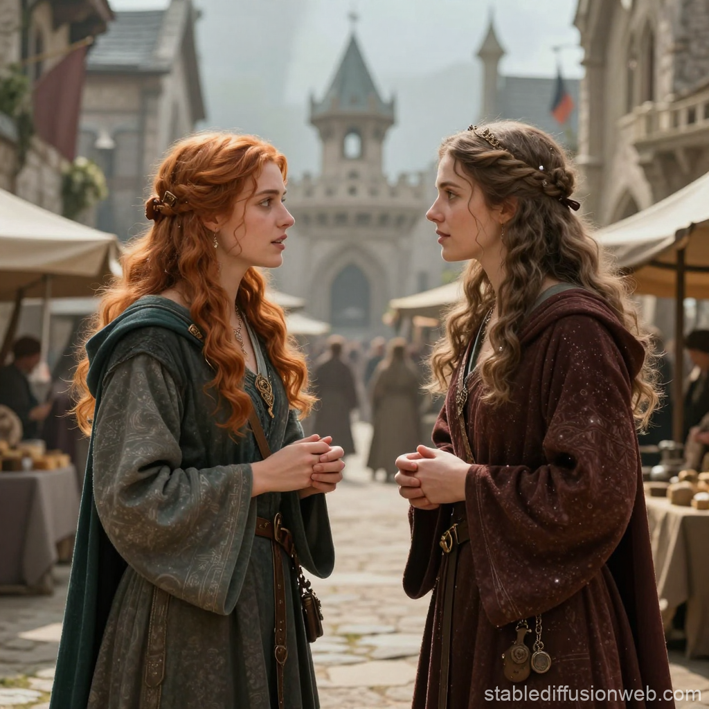Medieval Women Engaged in Conversation in a Historic Market