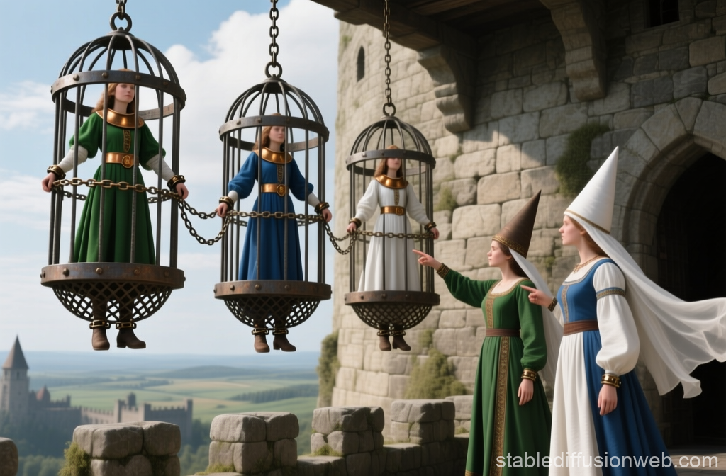 Medieval Women in Hanging Cages at Castle Balcony