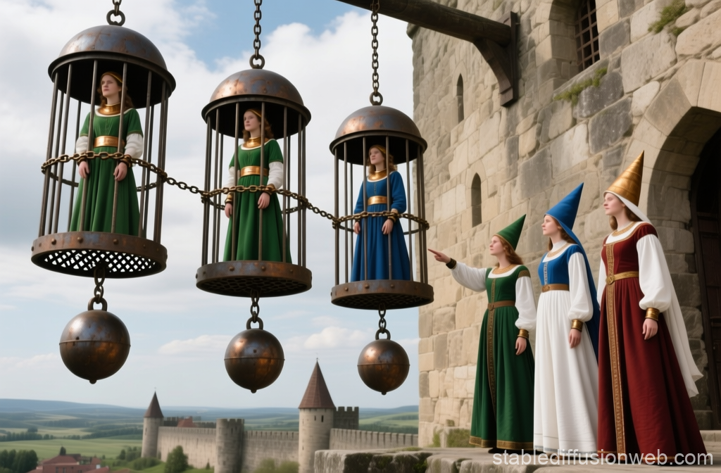 Medieval Women Suspended in Iron Cages Outside Castle