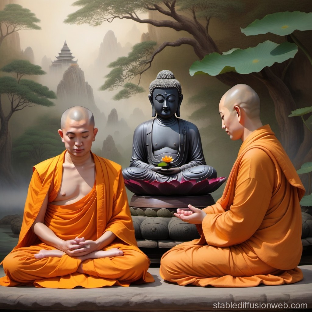 Meditating Buddhist Monks with Buddha Statue in Serene Landscape