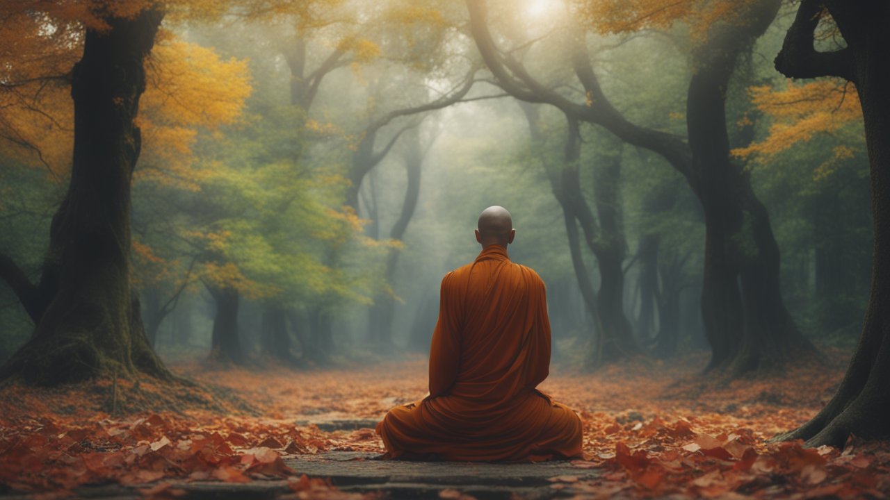 Meditating Monk in Autumn Forest Path