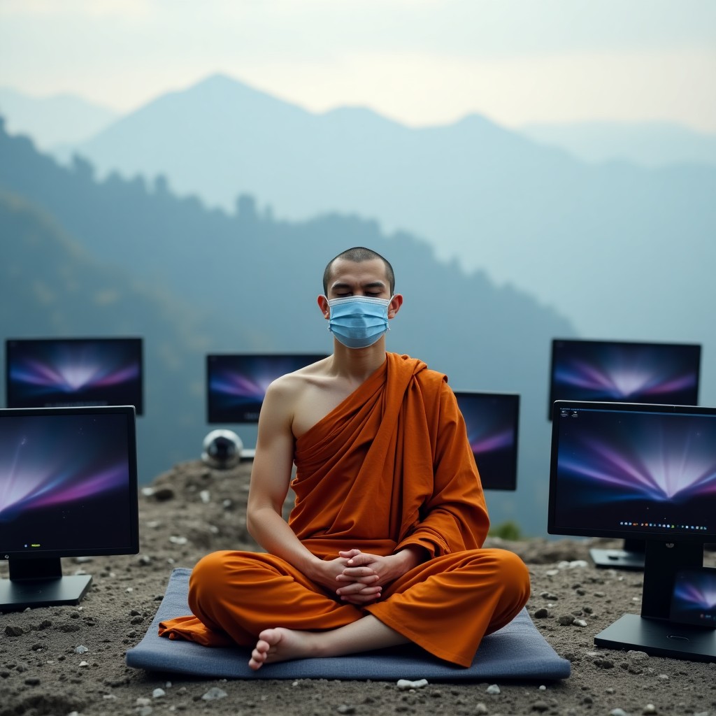 Meditating Monk Wearing Mask Surrounded by Computer Monitors Outdoors