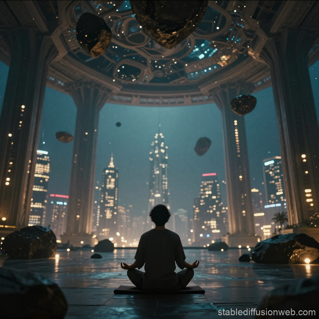 Meditation Amidst Floating Rocks in Futuristic Cityscape