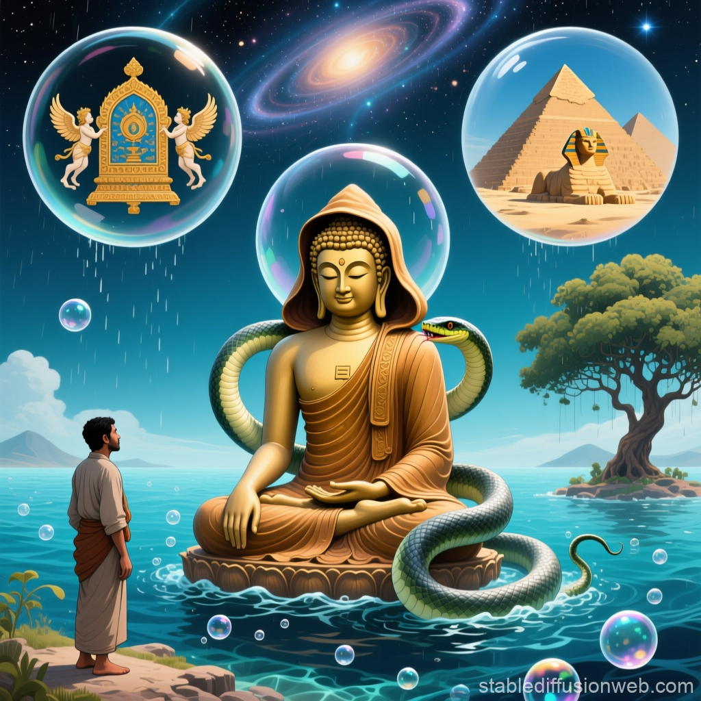 Meditative Buddha with Serpent and Cosmic Symbols