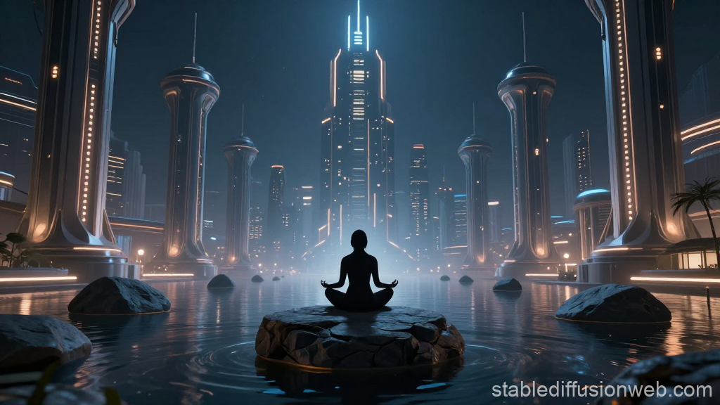 Meditative Figure in Futuristic Cityscape at Night