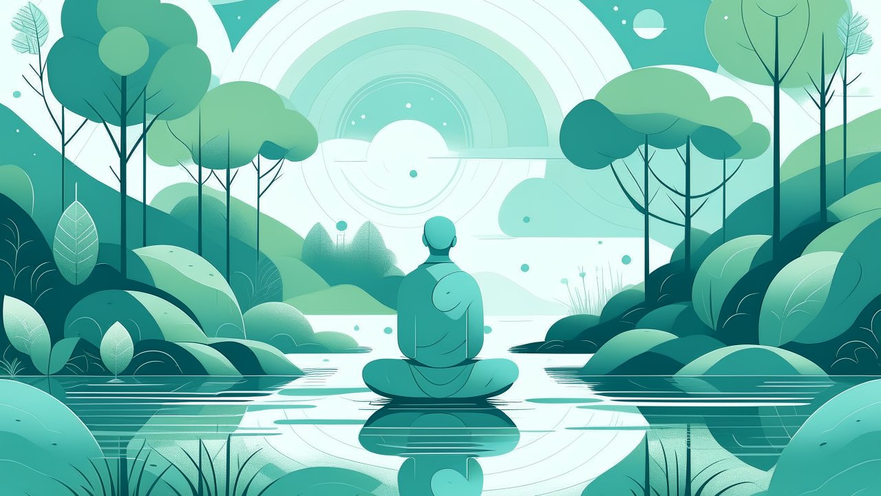 Meditative Figure in Serene Futuristic Landscape
