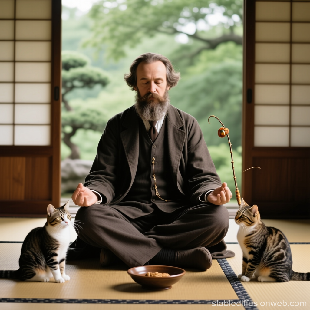 Meditative Moment with Cats in a Traditional Japanese Room