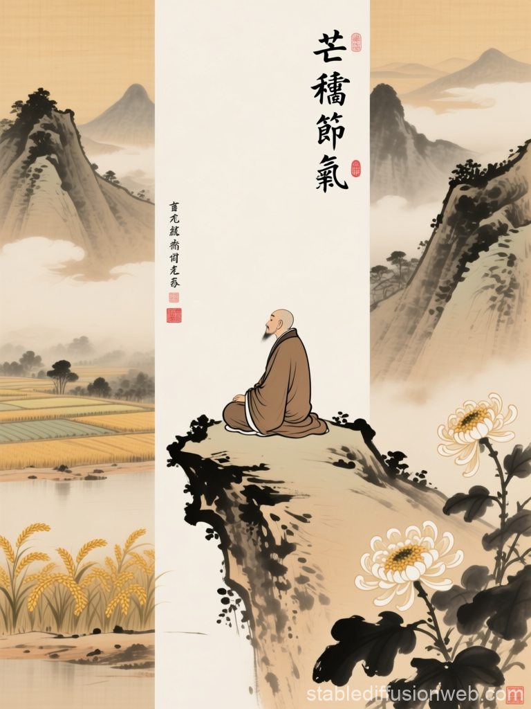 Meditative Monk on Mountain Cliff in Ming Dynasty Ink Style