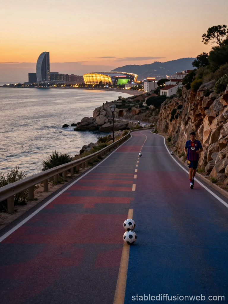 Mediterranean Coastal Road with Soccer Training at Sunset