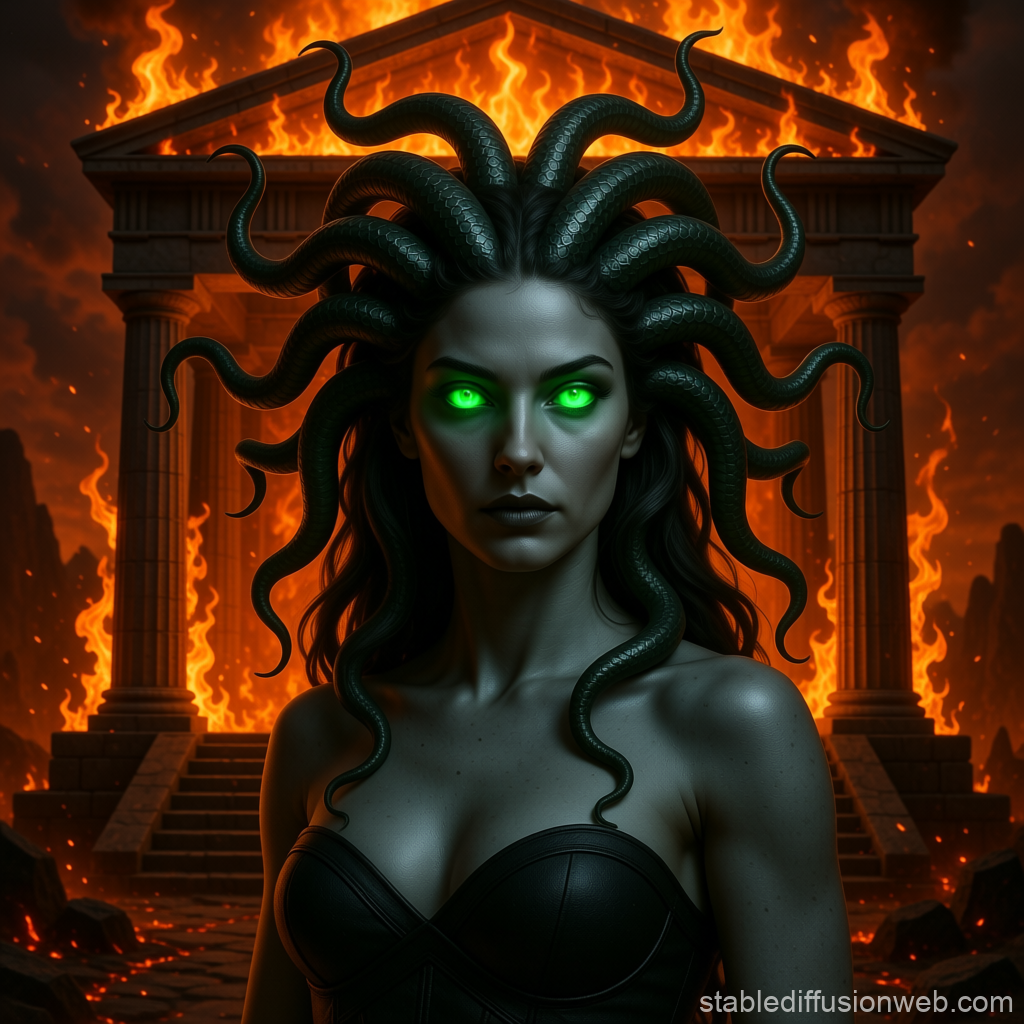Medusa with Glowing Green Eyes Before Flaming Temple