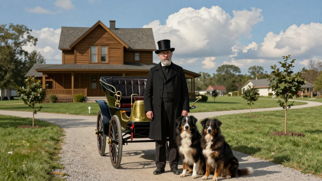 Melancholic 1895 Americana Scene with Vintage Carriage and Dogs
