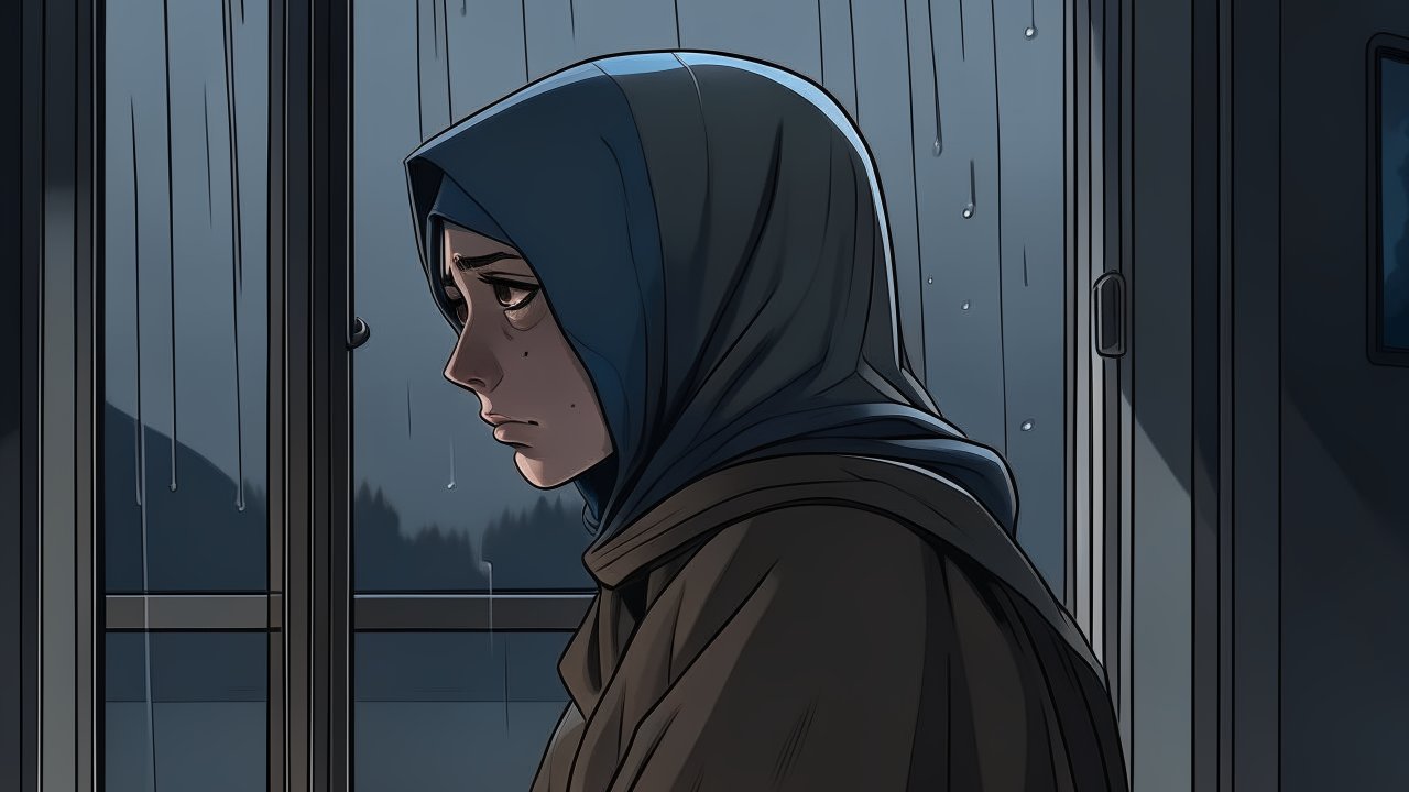Melancholic Anime Girl in Rainy Window Scene