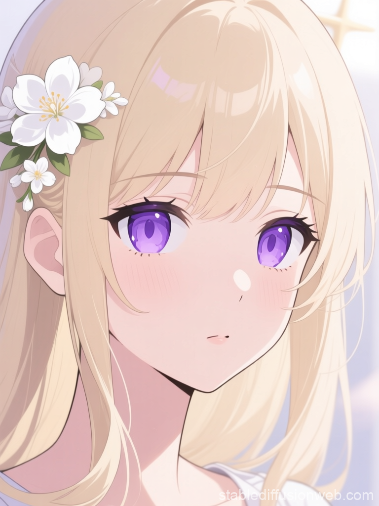 Melancholic Anime Girl with Purple Eyes and White Flowers