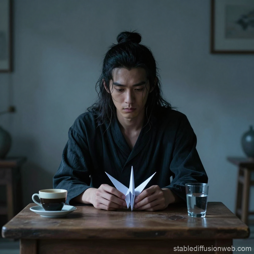 Melancholic Man Contemplating Origami Crane at Wooden Table