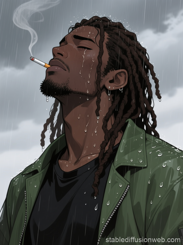 Melancholic Rainy Portrait of Man Smoking