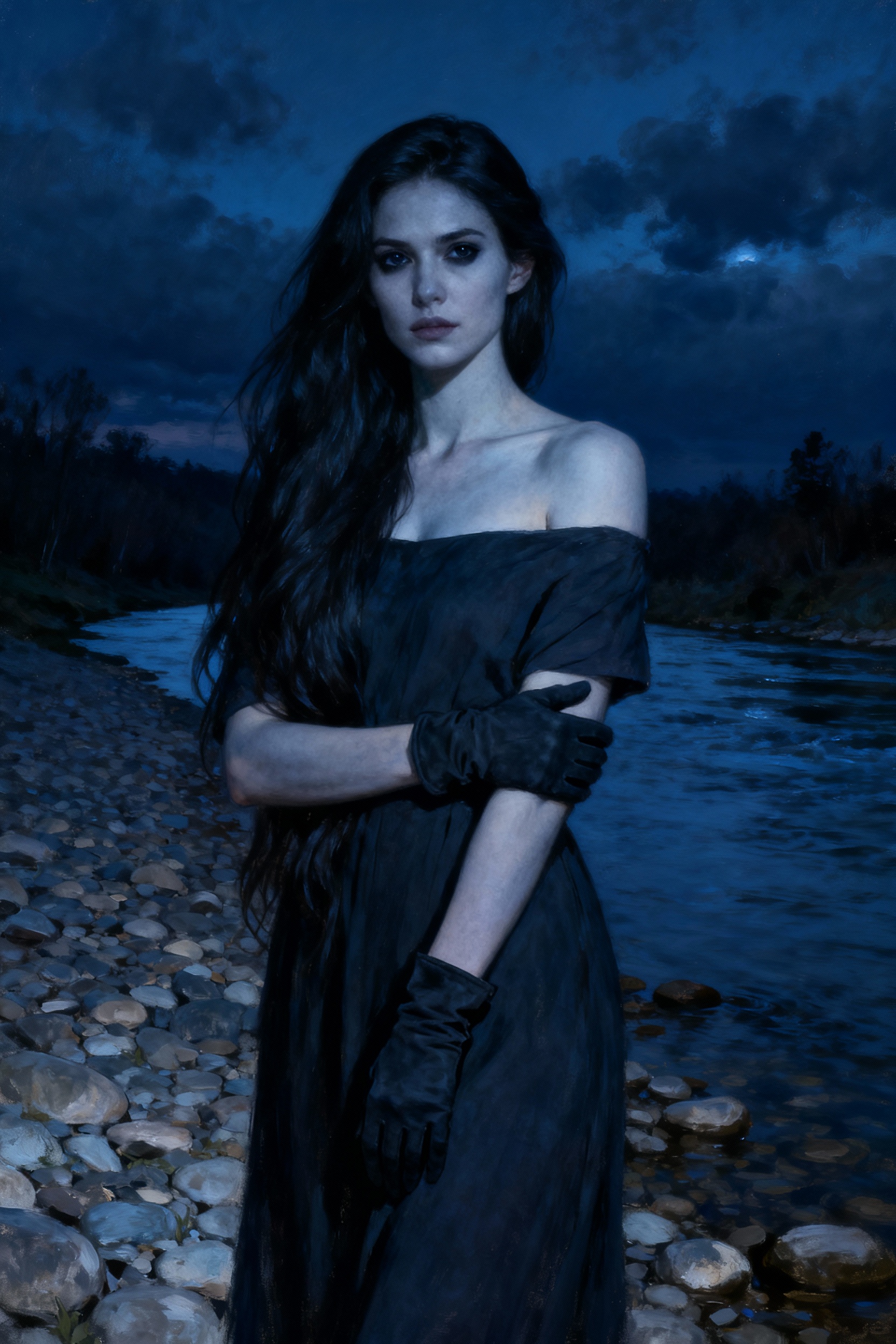 Melancholic Woman by the River at Night