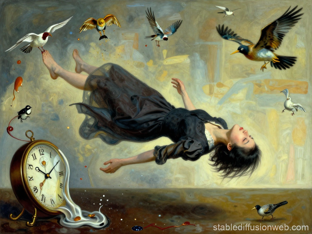 Melancholic Woman Floating in Surreal Dreamscape