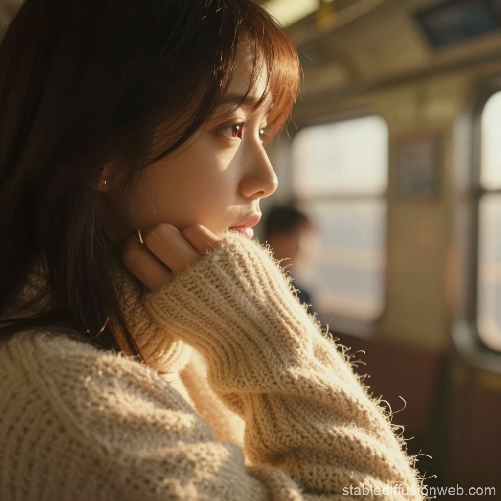 Melancholy Woman in Cozy Sweater on Train