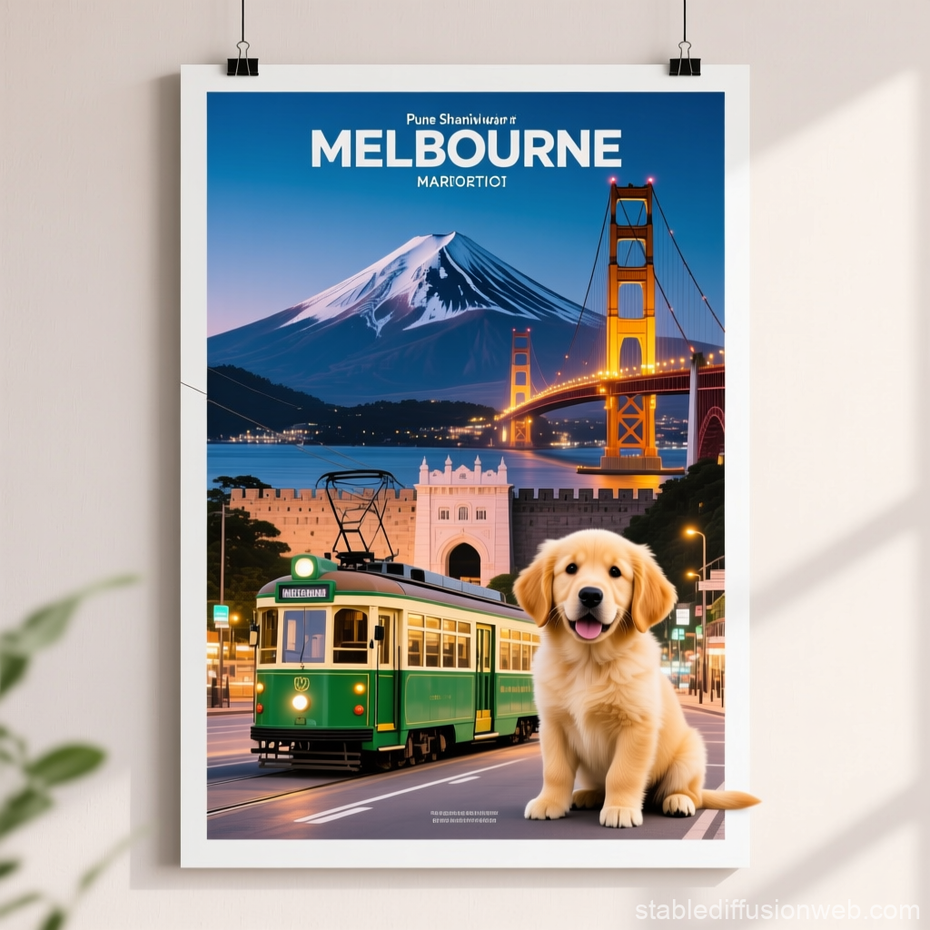 Melbourne Cityscape with Golden Retriever Puppy and Tram