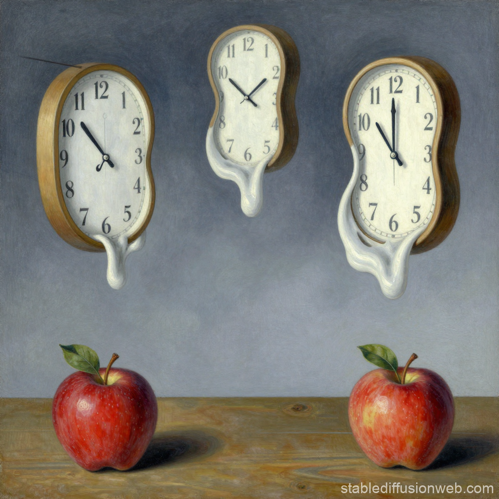 Melting Clocks and Apples on Wooden Table