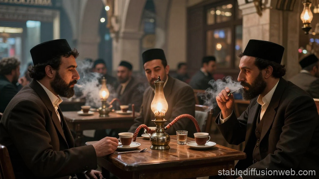 Men Enjoying Hookah and Coffee in Ottoman Coffeehouse