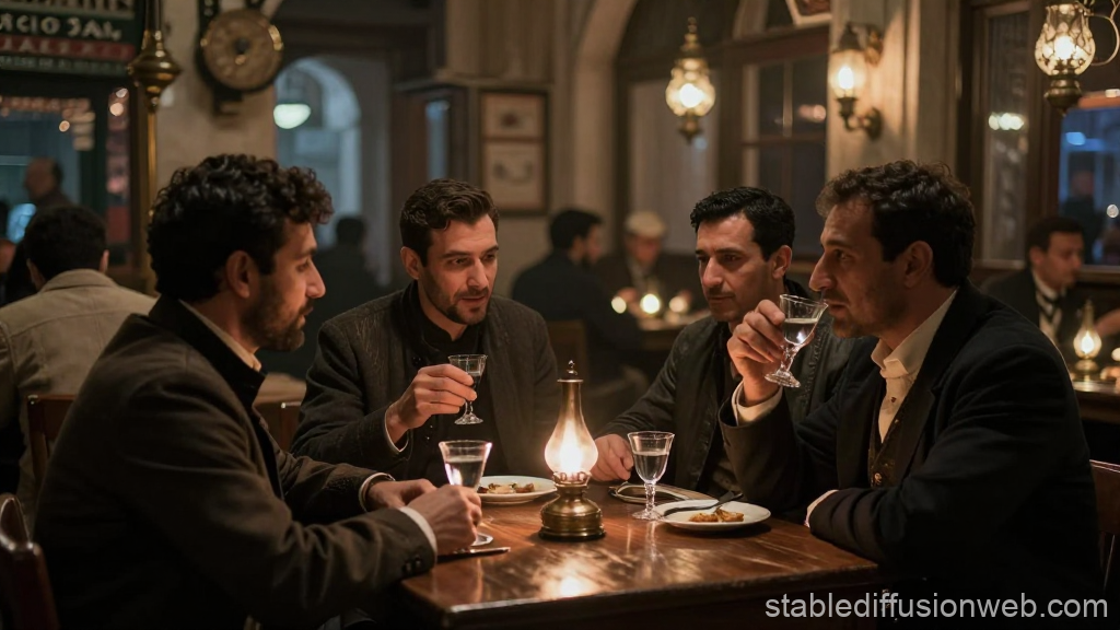 Men Sharing Drinks in a Cozy Ottoman Tavern