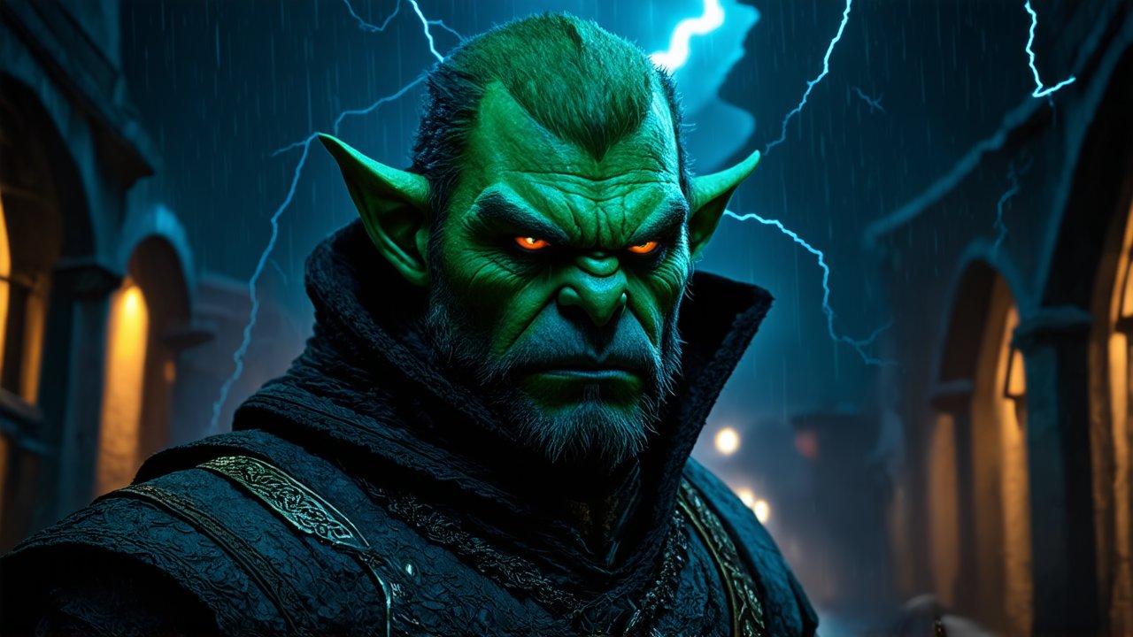 Menacing Green Orc with Lightning in Dark Alley