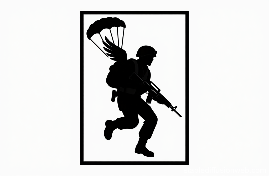 Menacing Paratrooper Silhouette with Wings and Parachute