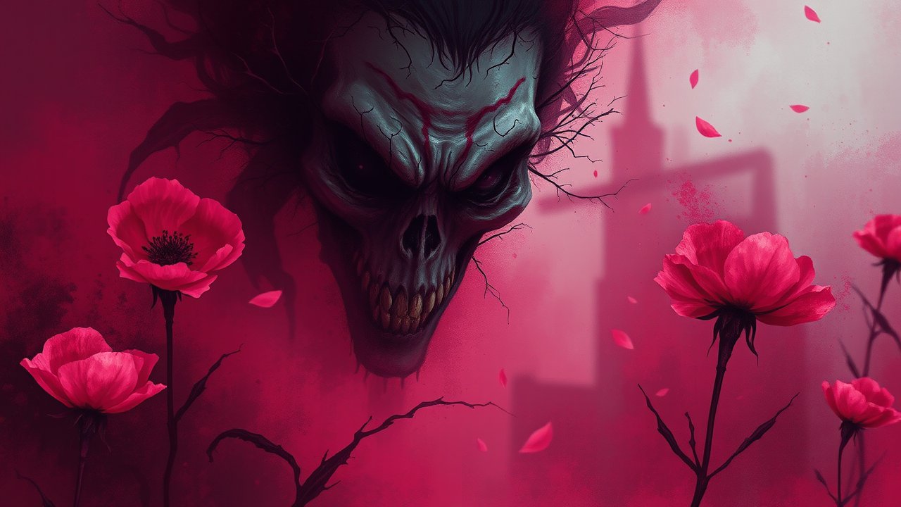 Menacing Skull Emerging from Dark Shadows Among Red Flowers