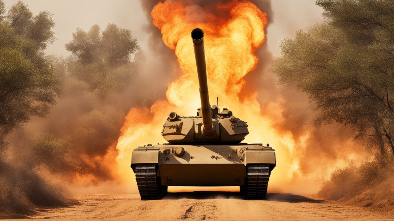 Merkava Tank Firing Amidst Fiery Explosion
