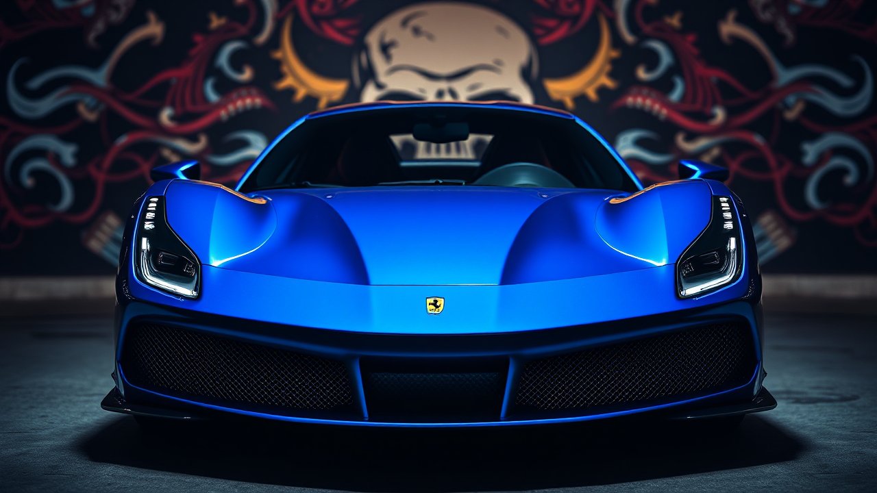 Metallic Blue Ferrari Front View with Artistic Background