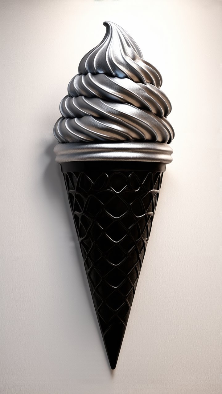 Metallic Silver Soft Serve Ice Cream Sculpture on Black Cone