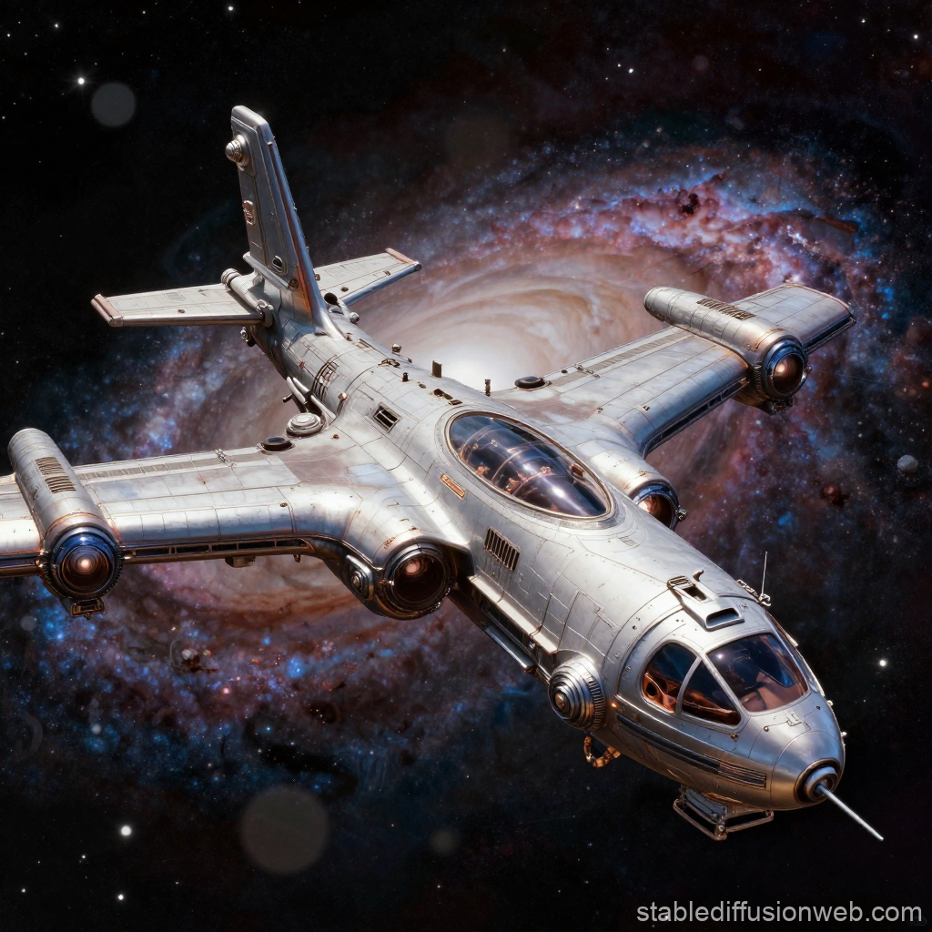 Metallic Spaceship Flying Near a Colorful Supernova