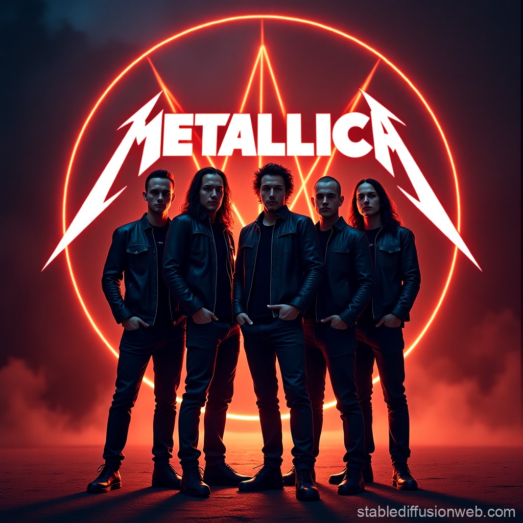 Metallica Band Members with Neon Pentagram Background