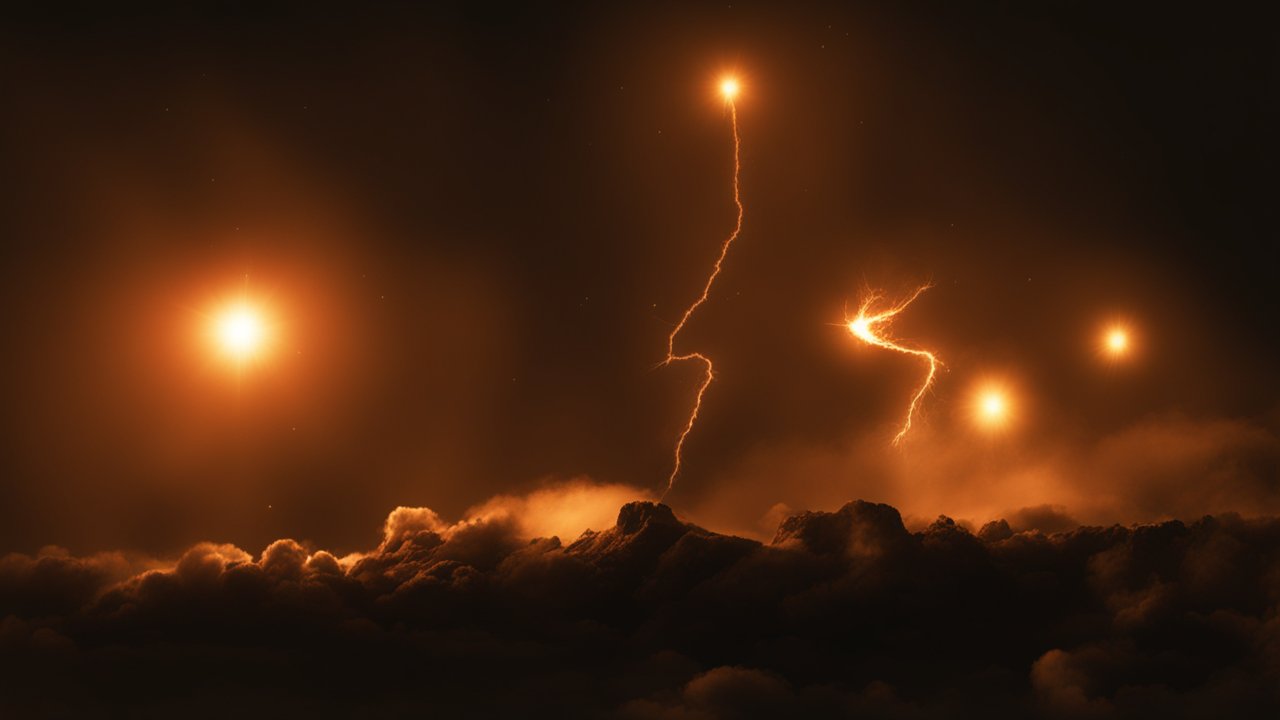 Meteor Shower with Fiery Trails over Dark Clouds