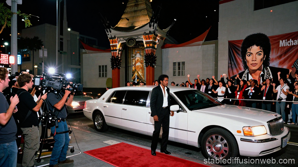 Michael Jackson Premiere Event with White Limousine and Crowd