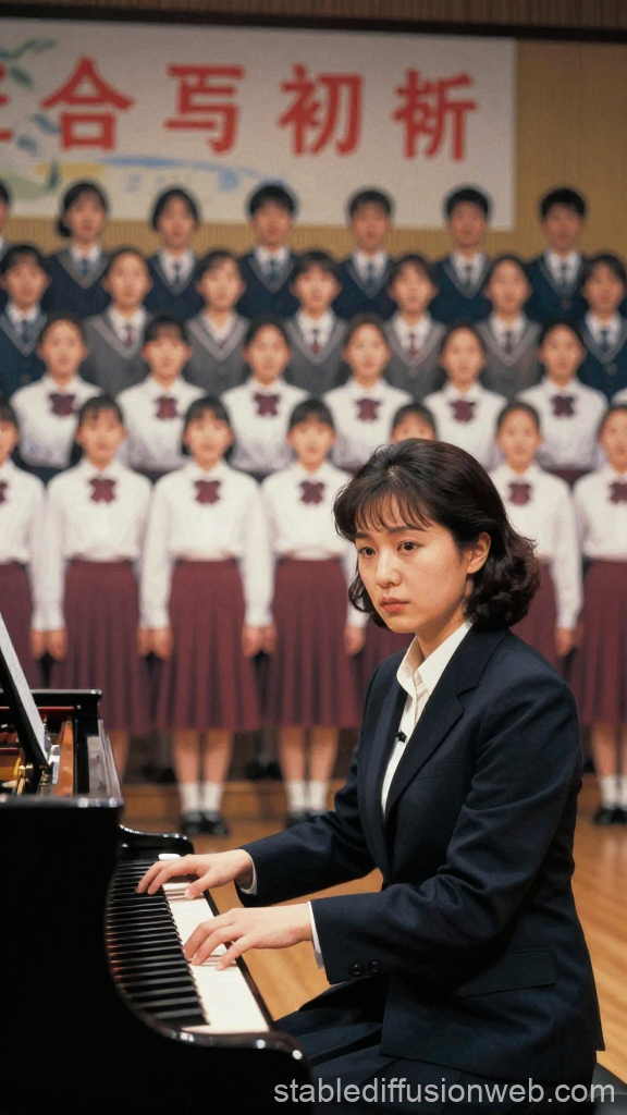 Middle School Music Teacher Playing Piano with Choir