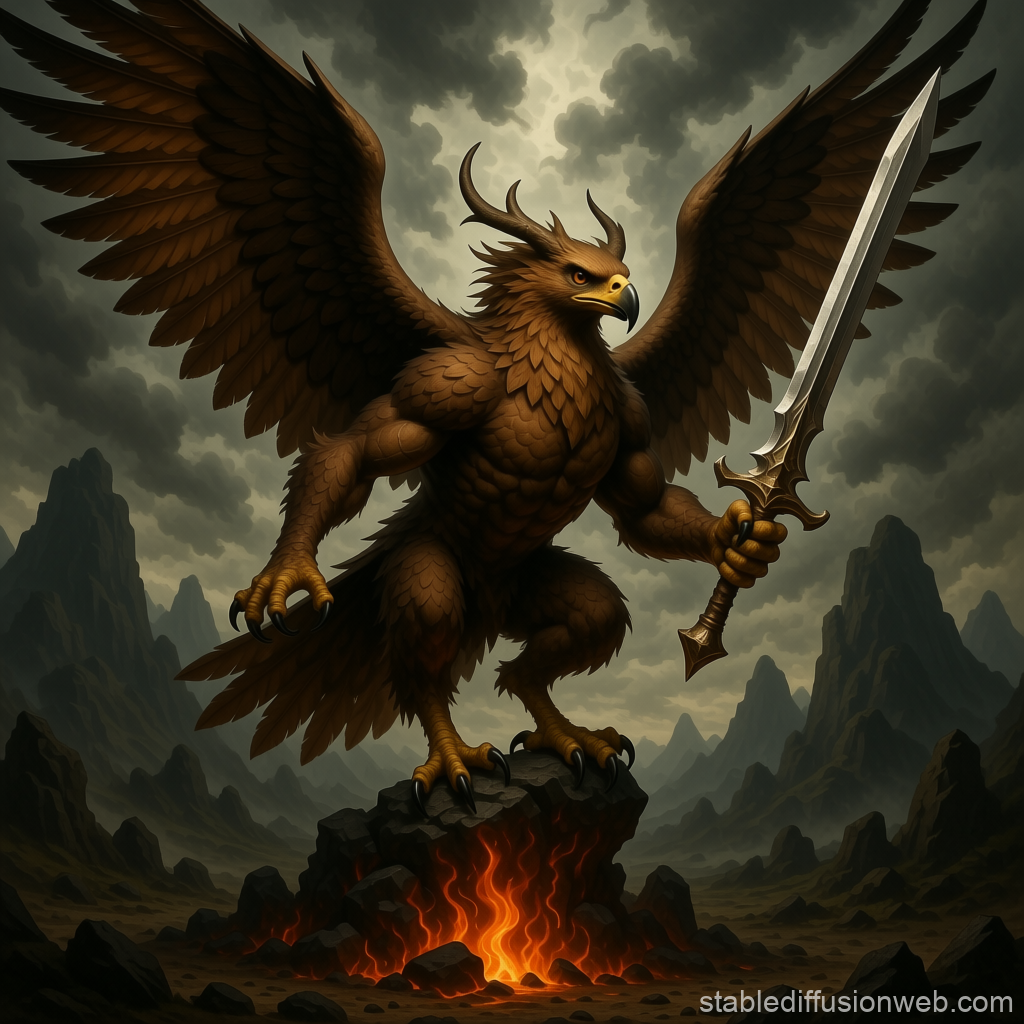 Mighty Harpy Warrior with Sword on Fiery Rock