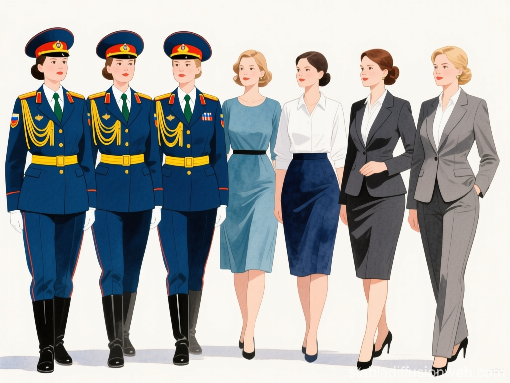 Military and Business Women in Uniform and Professional Attire