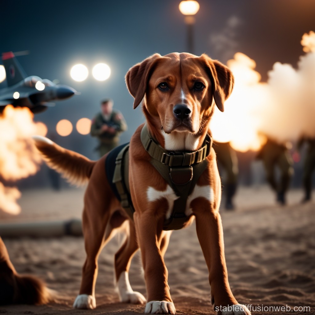 Military Dog in Action with Explosions and Fighter Jet
