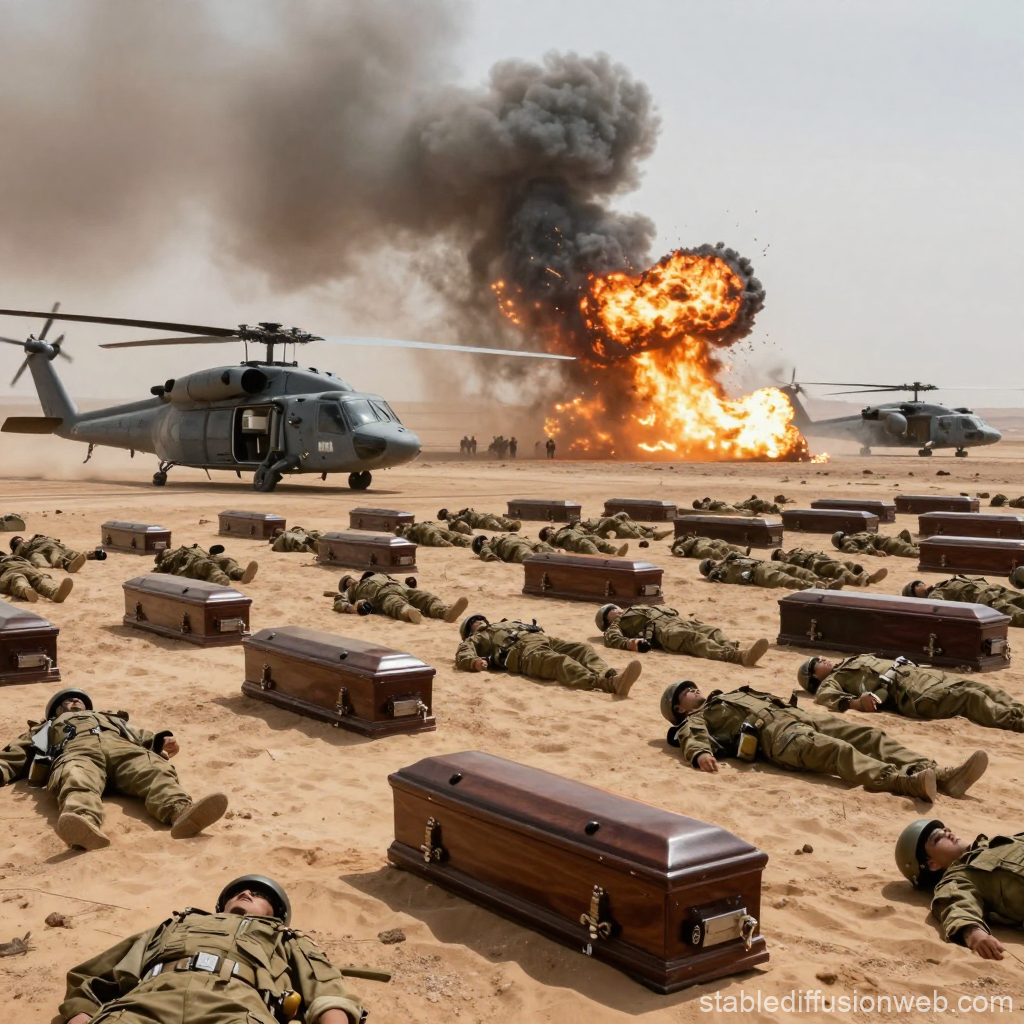 Military Helicopter Crisis with Soldiers and Explosions in Desert