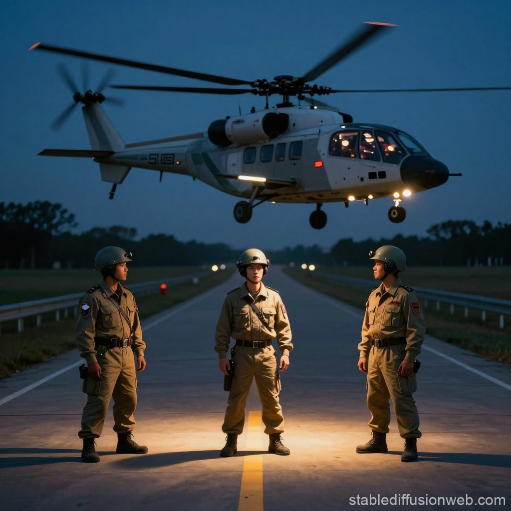 Military Personnel Standing on Road with Helicopter Hovering at Dusk