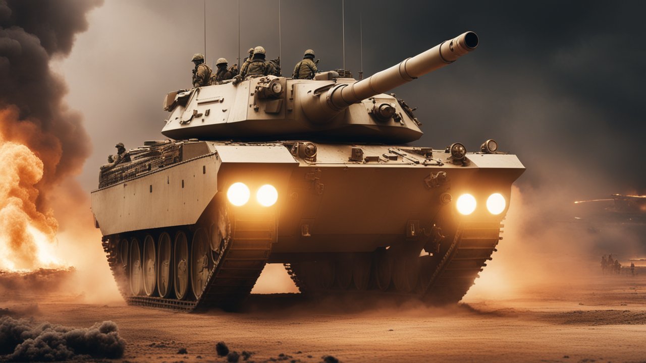 Military Tank Advancing Through Smoke and Fire