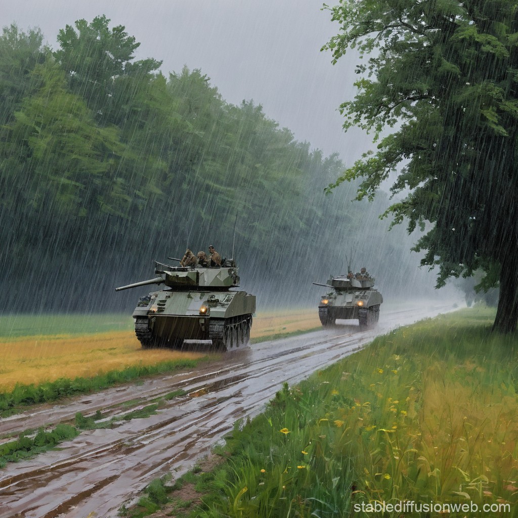 Military Tanks Moving Through Rainy Forest Path