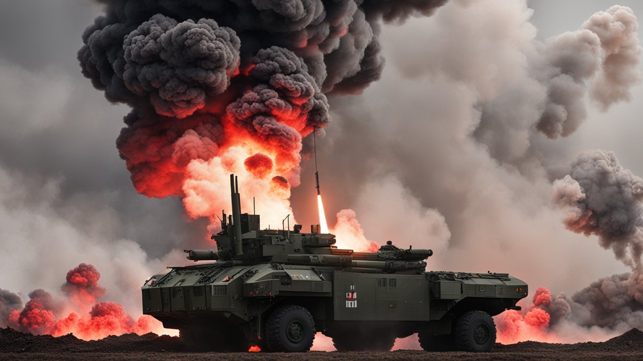 Military Vehicle Launching Missile Amid Explosive Smoke